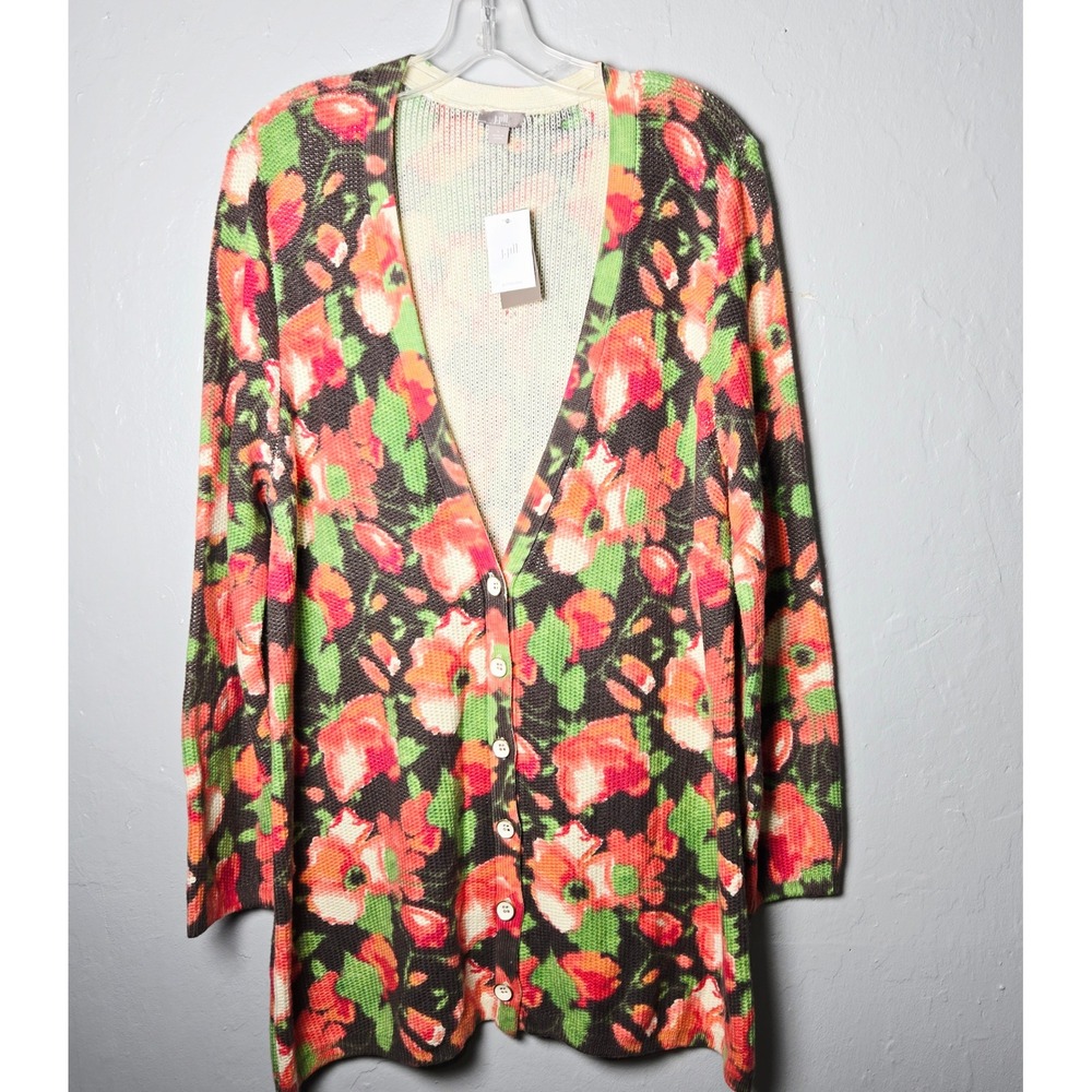 J. Jill Floral Longline Knit Cardigan Coral Green Cottagecore L NEW